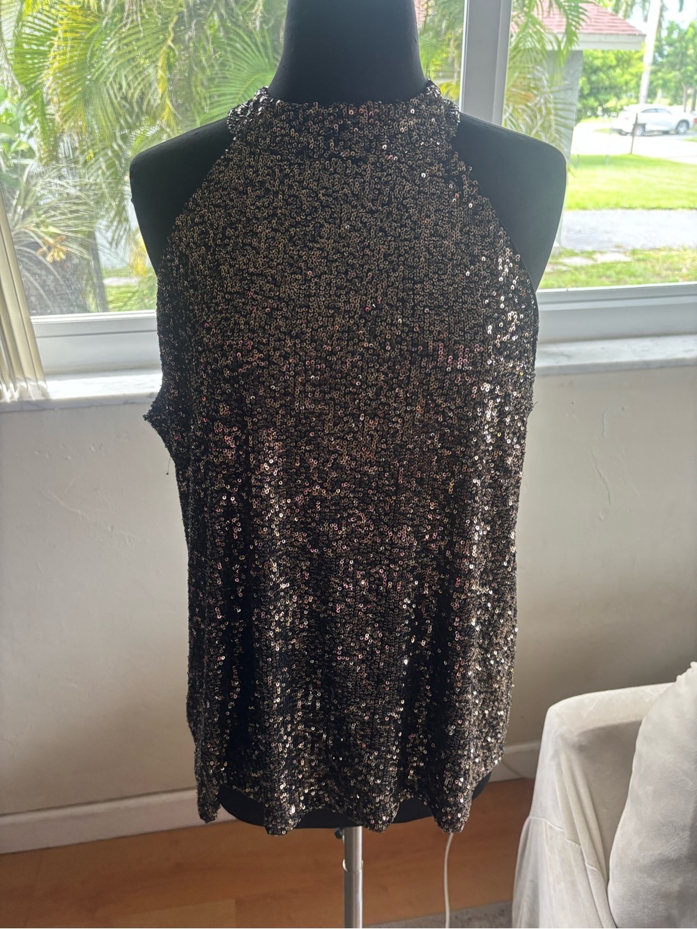 Cable & Gauge Sequin Halter Top Black Gold Sparkle Sleeveless Women’s XL